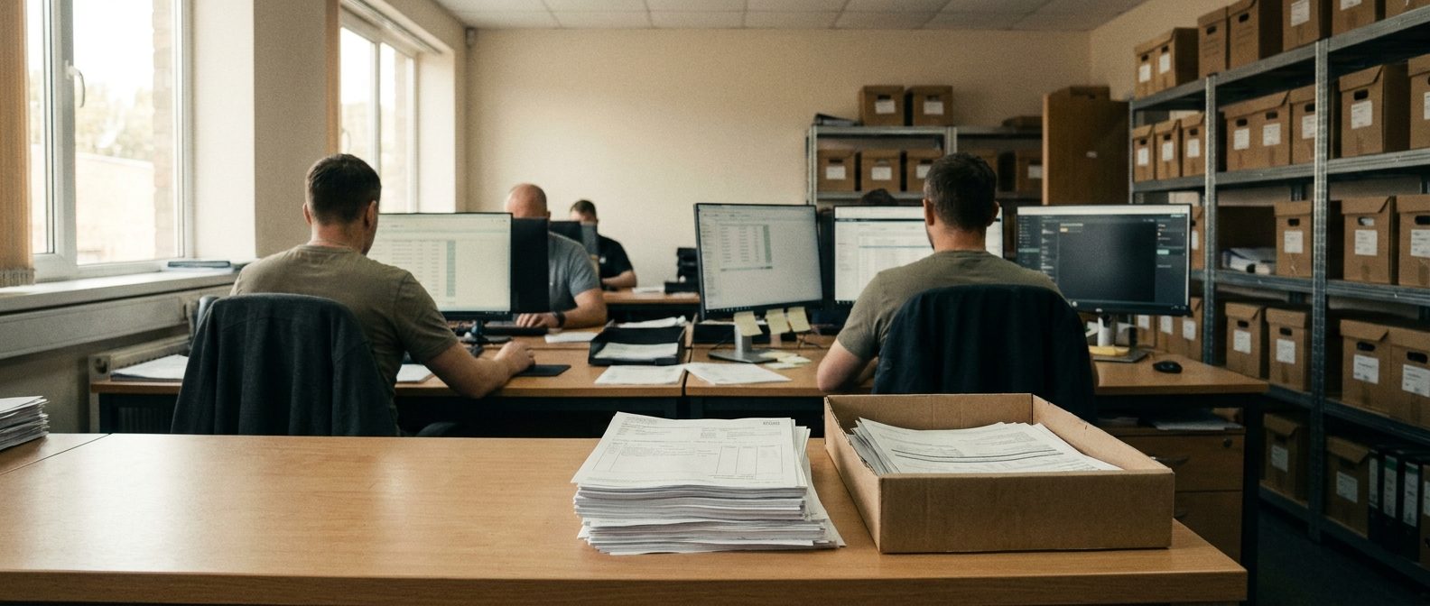 A company back office: desks of printed order forms, archive boxes and spreadsheets on screen — the manual work an AI agent takes over.