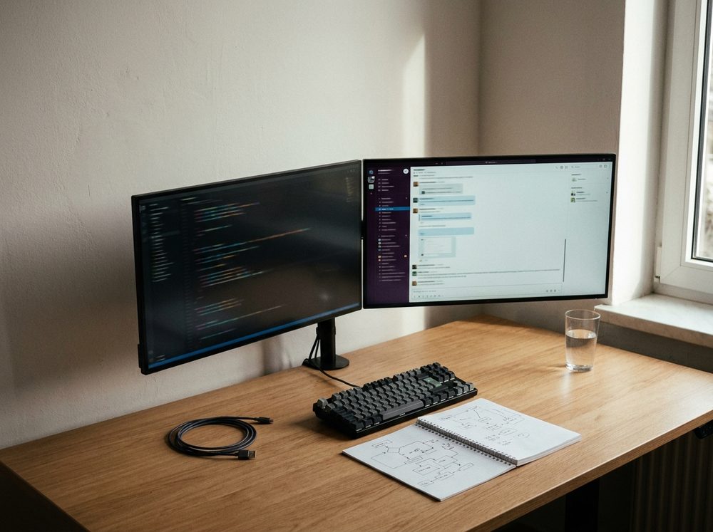 A build desk: the agent's code on one screen, the chat channel it answers in on the other.
