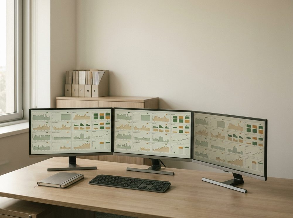 An operations dashboard across three screens, tracking every running agent against its KPIs.